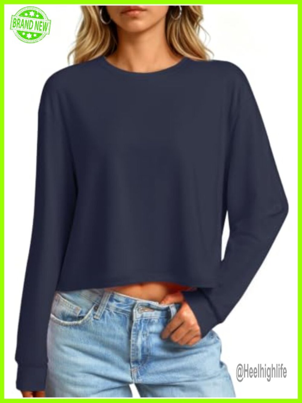 Womens Cotton Long Sleeve Crop Top Loose Fit Crew Neck Cropped Tee